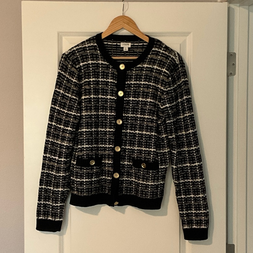 J. Crew Black and White Knit Cardigan with Gold Button